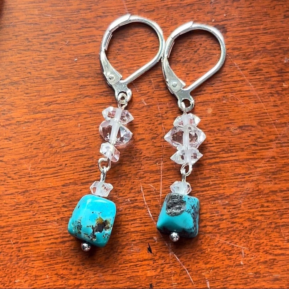Genuine Turquoise & Herkimer Diamond Quartz Earrings! - Picture 4 of 7